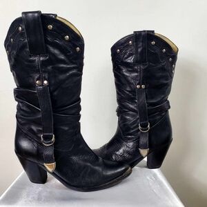 Vintage Y2K Aldo black slouchy leather cowgirl boots with straps Western…
